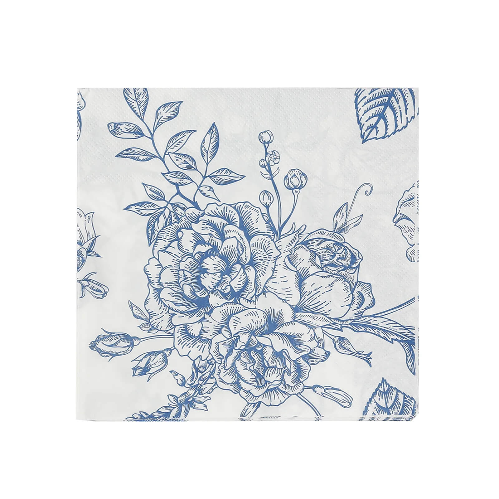 50 Pack 2-Ply Paper Beverage Napkins in Matte Blue and White French Toile Floral Pattern, Highly Absorbent Soft Disposable Cocktail Napkins
