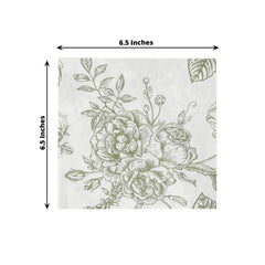 50 Pack 2-Ply Paper Beverage Napkins in Matte Sage Green and White French Toile Floral Pattern, Highly Absorbent Soft Disposable Cocktail Napkins
