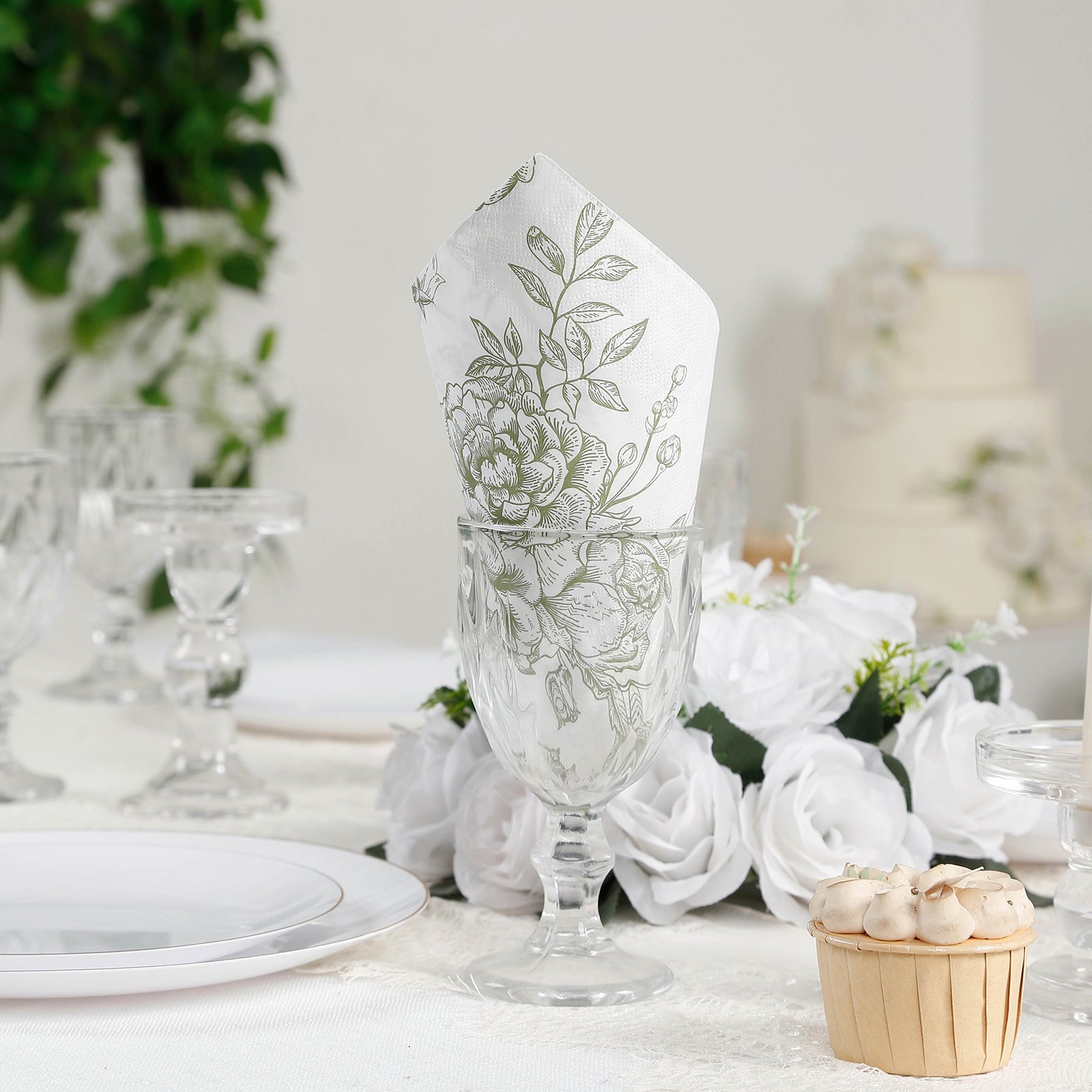 50 Pack 2-Ply Paper Beverage Napkins in Matte Sage Green and White French Toile Floral Pattern, Highly Absorbent Soft Disposable Cocktail Napkins