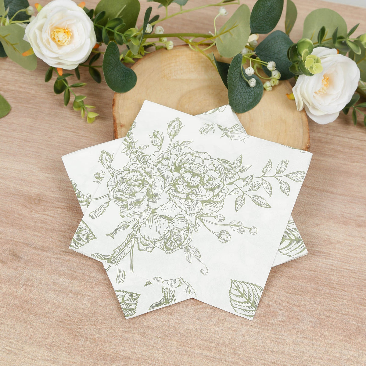 50 Pack 2-Ply Paper Beverage Napkins in Matte Sage Green and White French Toile Floral Pattern, Highly Absorbent Soft Disposable Cocktail Napkins