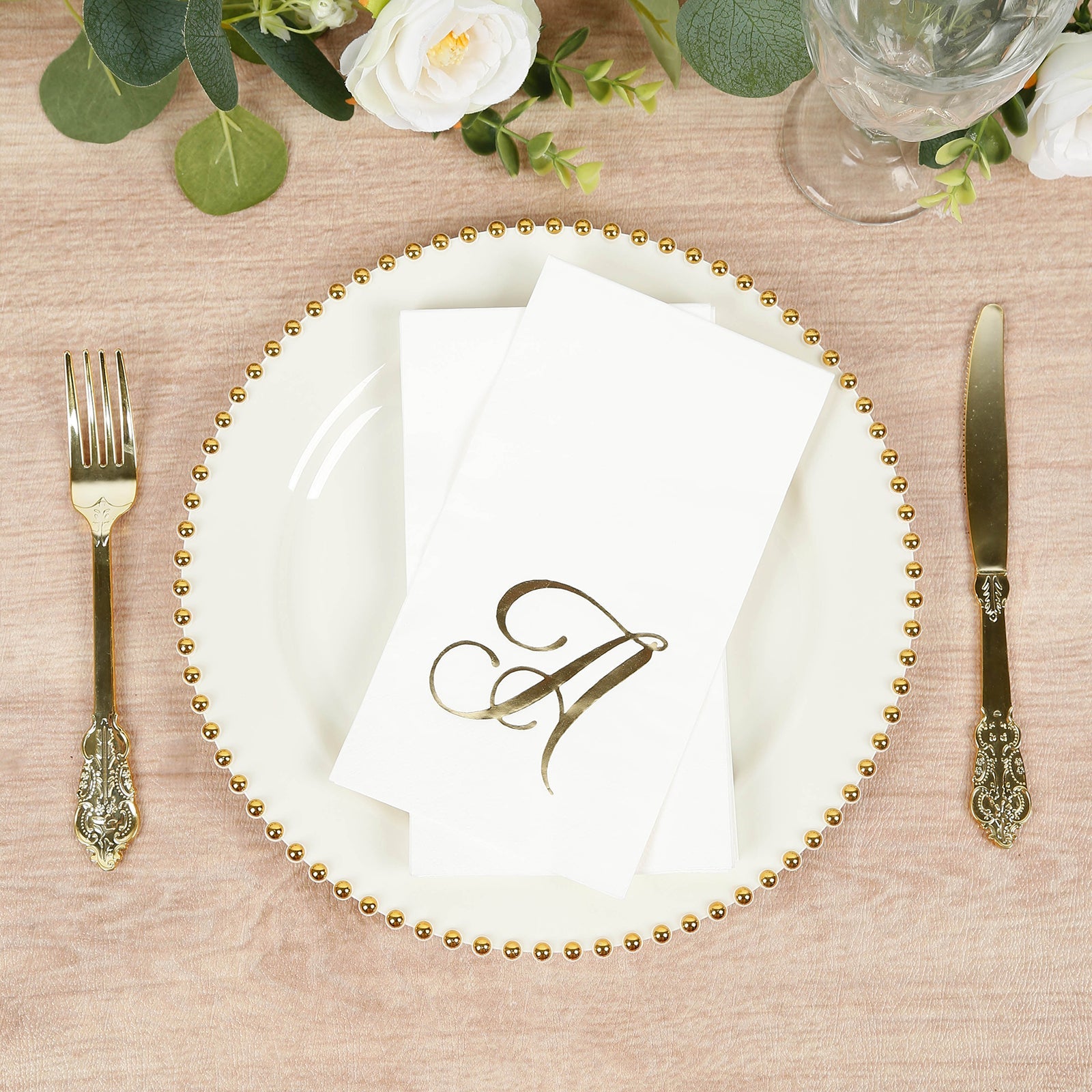 100 Paper Dinner Napkins White with Gold Foil Monogram "A" – 8"x4" Folded, Disposable Party Napkins