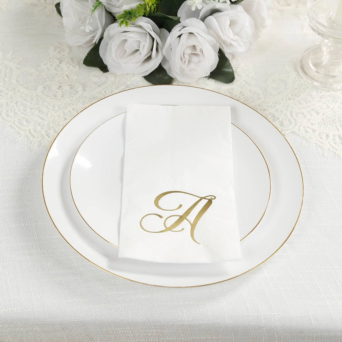 100 Paper Dinner Napkins White with Gold Foil Monogram "A" – 8"x4" Folded, Disposable Party Napkins