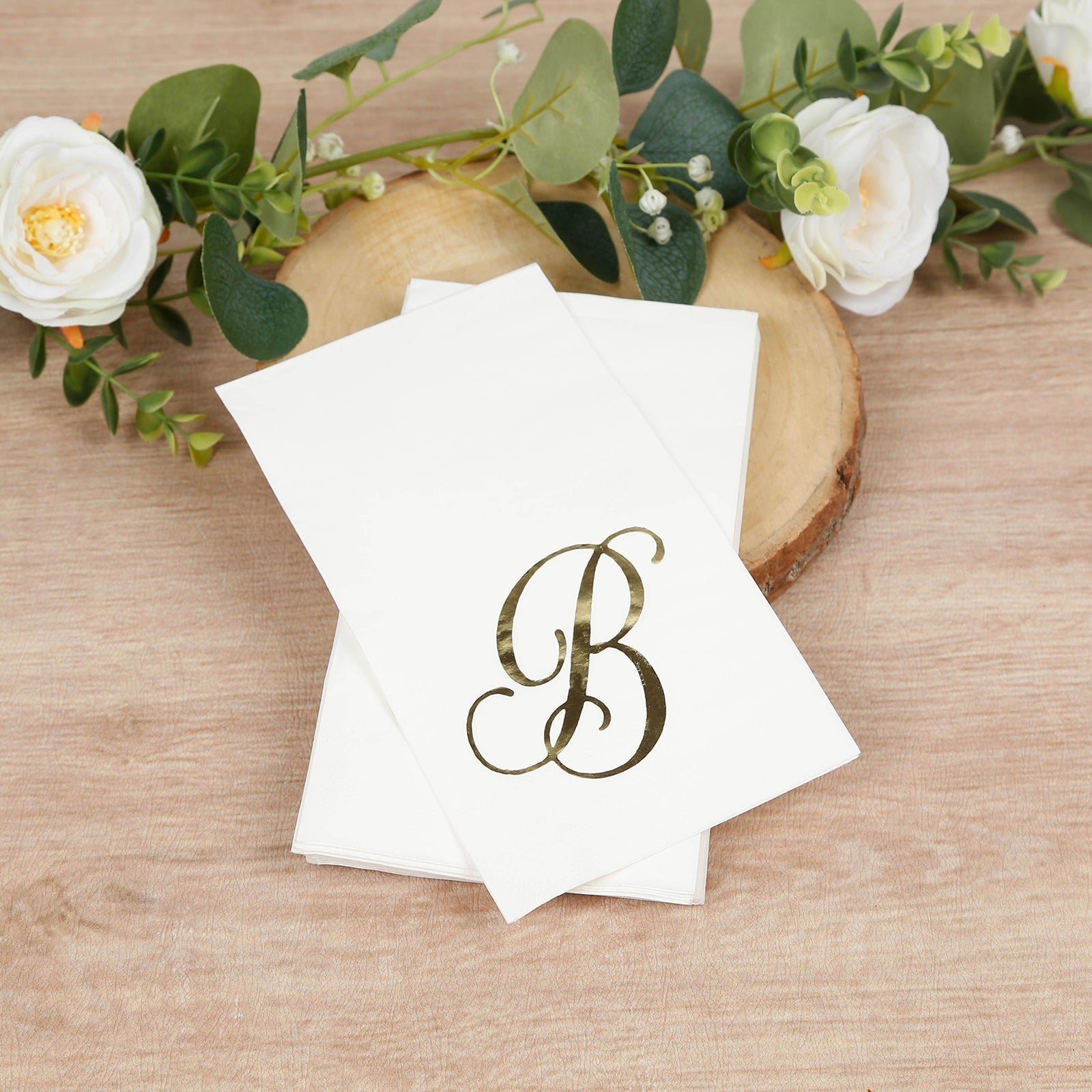 100 Paper Dinner Napkins White with Gold Foil Monogram "B" – 8"x4" Folded, Disposable Party Napkins