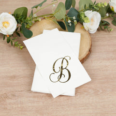 100 Paper Dinner Napkins White with Gold Foil Monogram "B" – 8"x4" Folded, Disposable Party Napkins