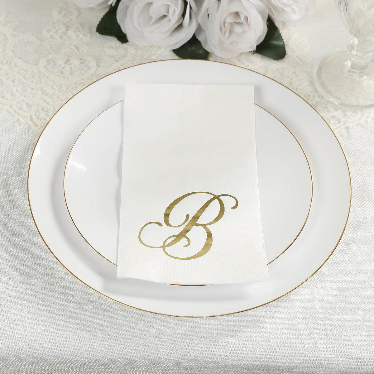 100 Paper Dinner Napkins White with Gold Foil Monogram "B" – 8"x4" Folded, Disposable Party Napkins