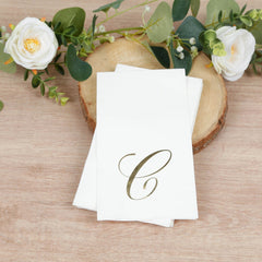 100 Paper Dinner Napkins White with Gold Foil Monogram "C" – 8"x4" Folded, Disposable Party Napkins