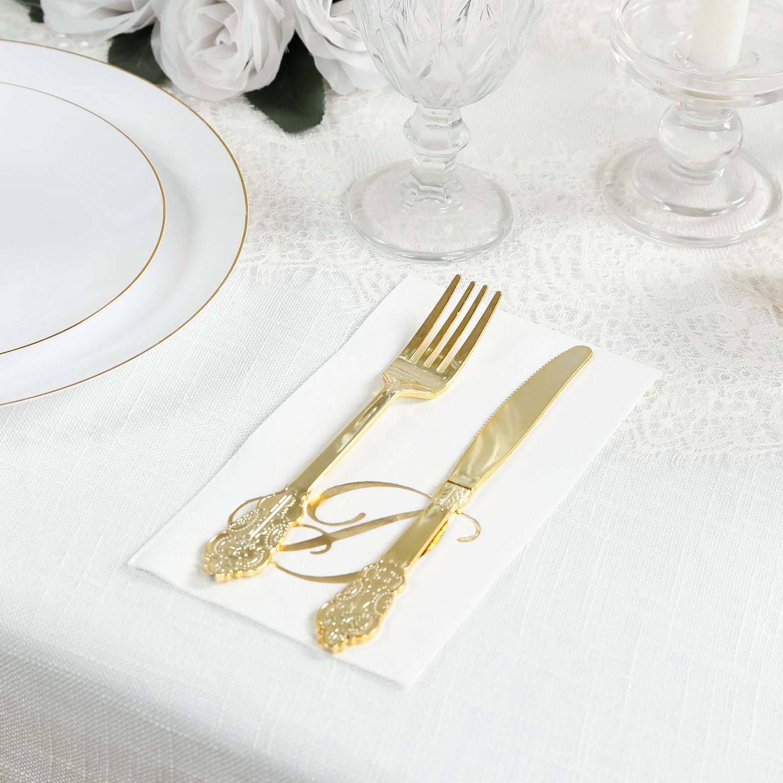 100 Paper Dinner Napkins White with Gold Foil Monogram "D" – 8"x4" Folded, Disposable Party Napkins