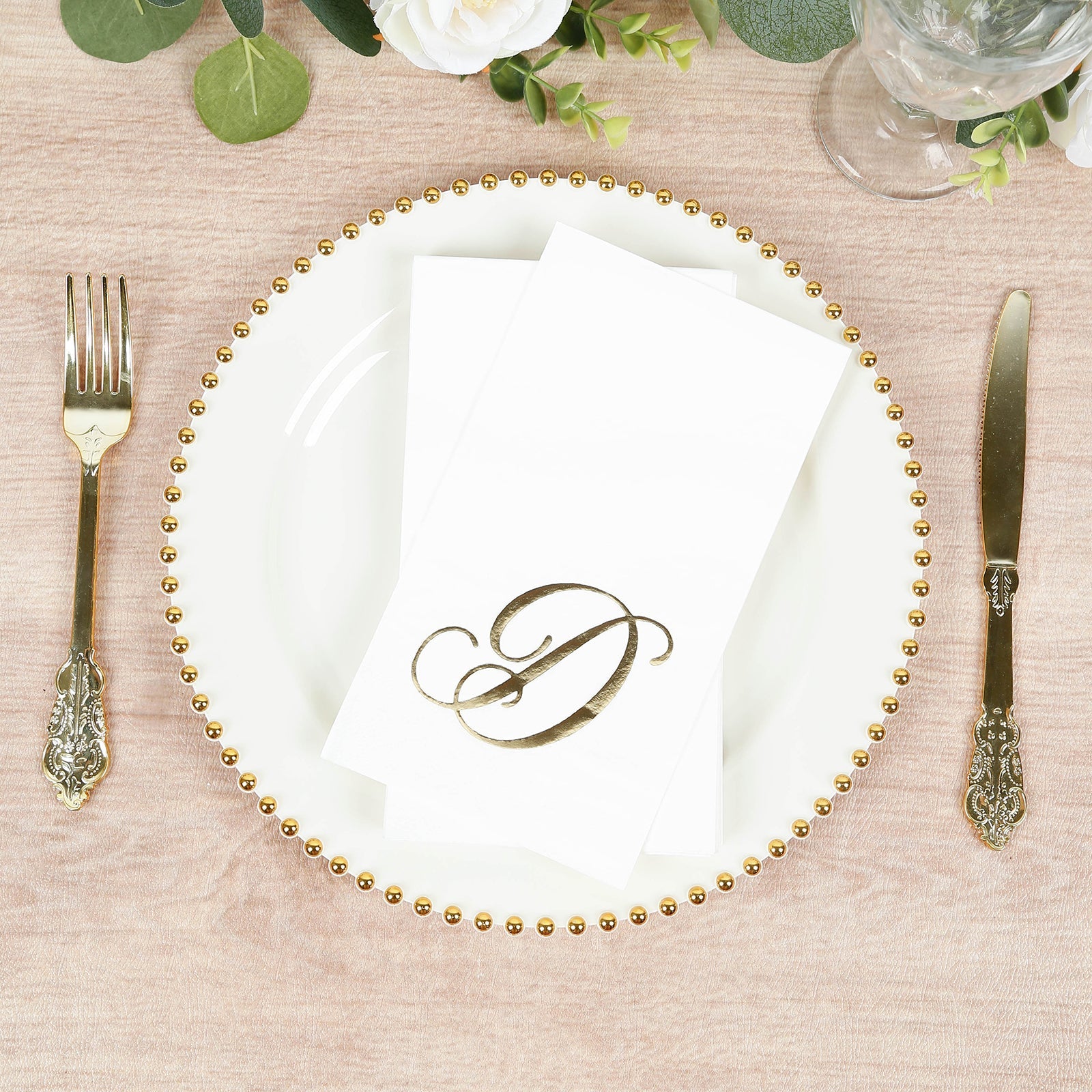 100 Paper Dinner Napkins White with Gold Foil Monogram "D" – 8"x4" Folded, Disposable Party Napkins