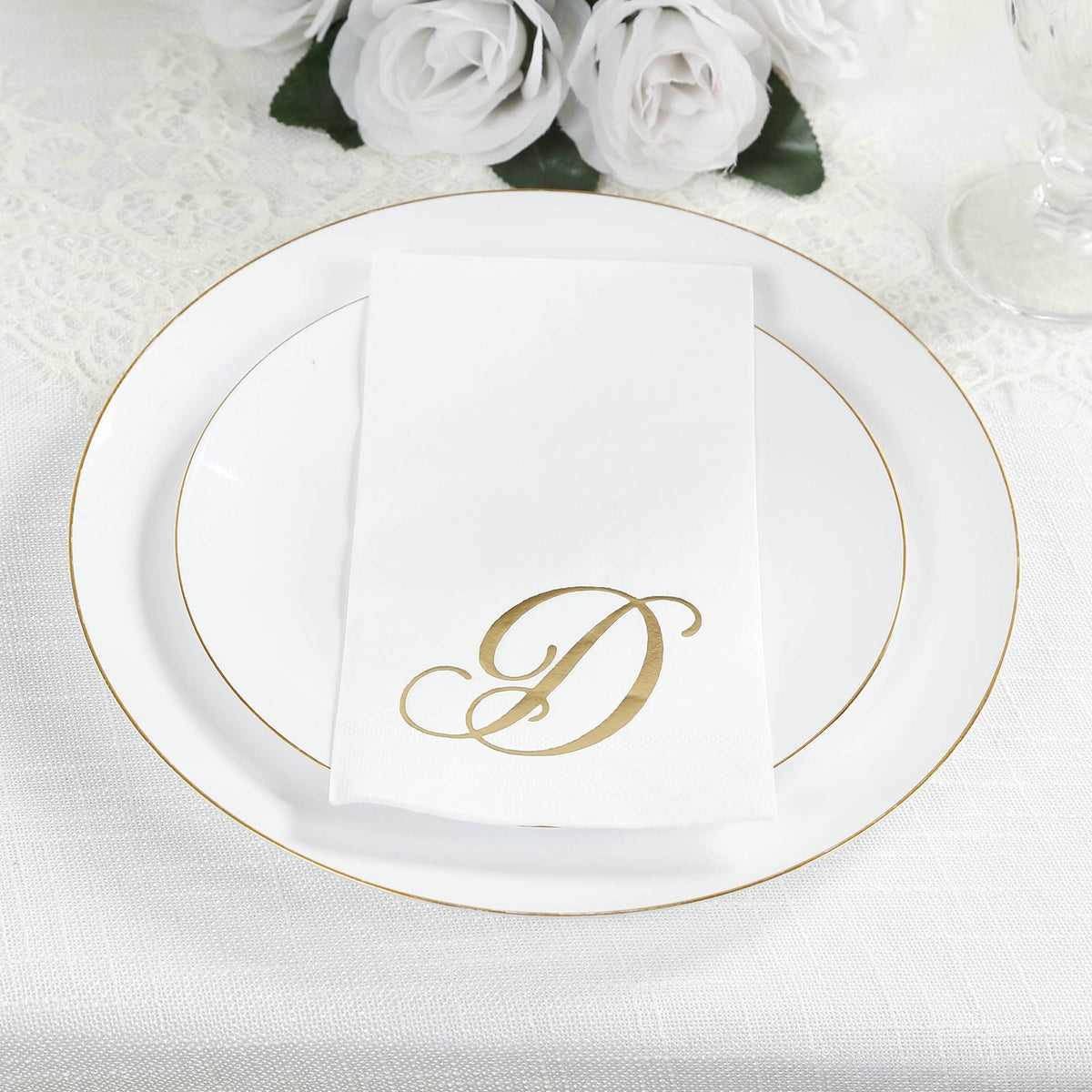100 Paper Dinner Napkins White with Gold Foil Monogram "D" – 8"x4" Folded, Disposable Party Napkins
