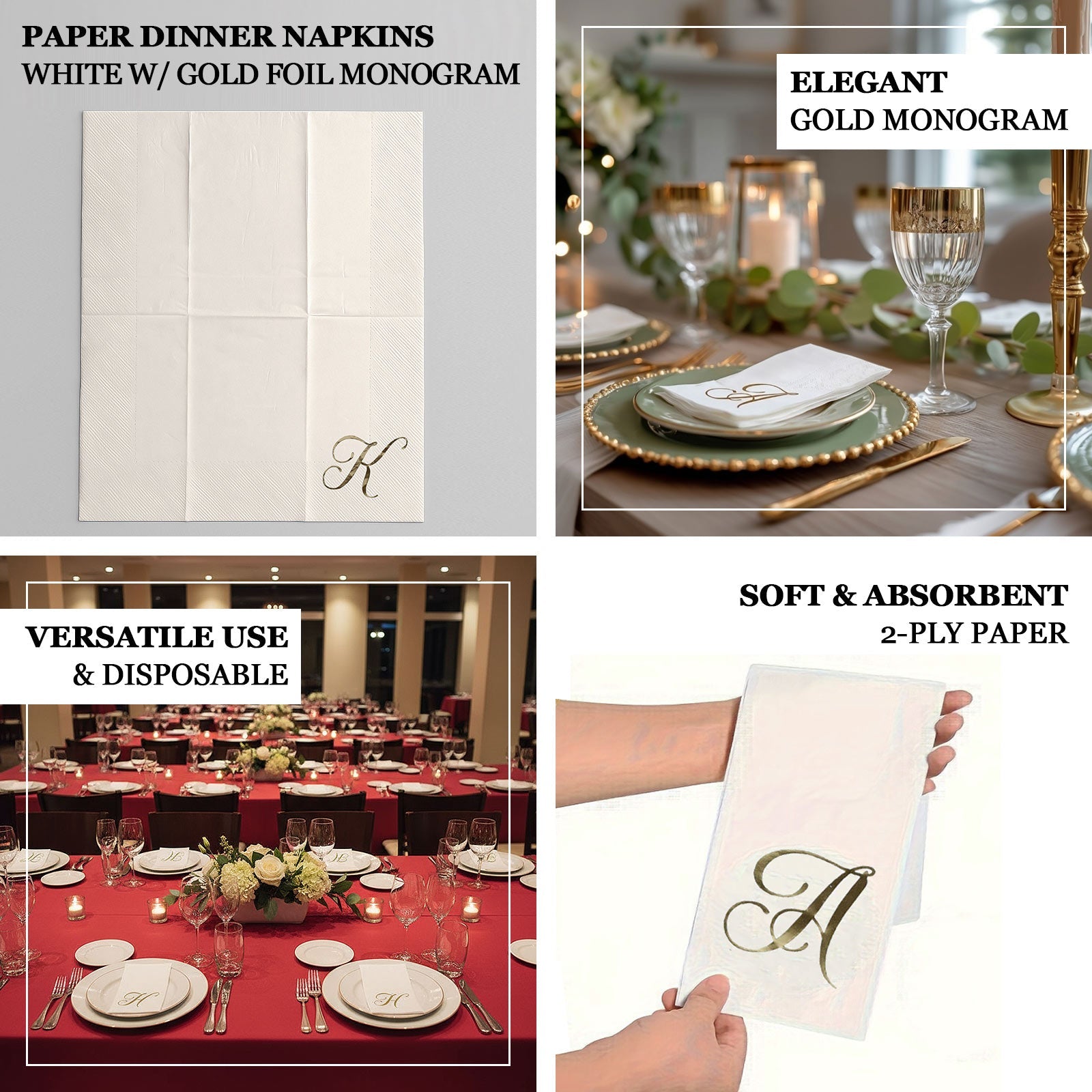 100 Paper Dinner Napkins White with Gold Foil Monogram "T" – 8"x4" Folded, Disposable Party Napkins