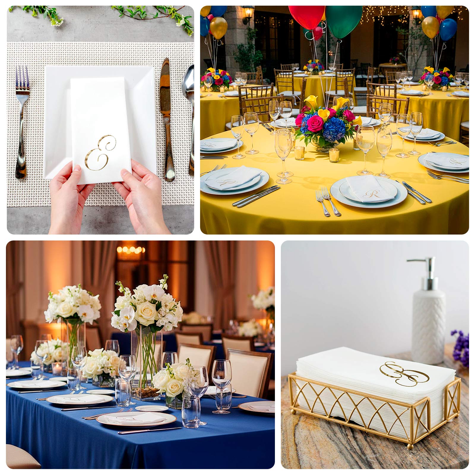 100 Paper Dinner Napkins White with Gold Foil Monogram "M" – 8"x4" Folded, Disposable Party Napkins