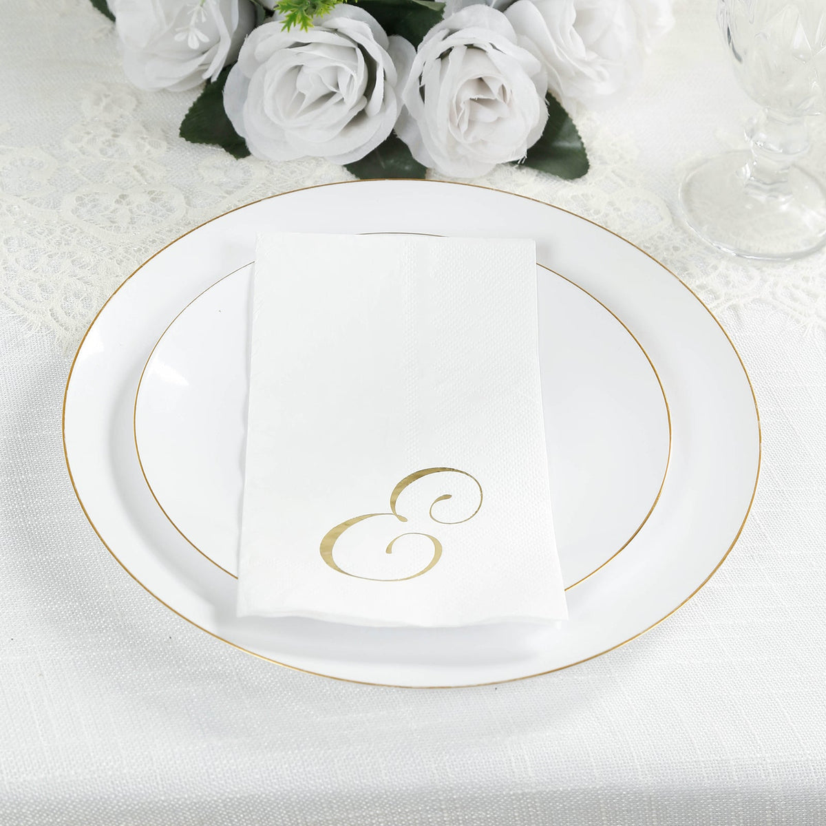 100 Paper Dinner Napkins White with Gold Foil Monogram "E" – 8"x4" Folded, Disposable Party Napkins