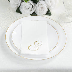 100 Paper Dinner Napkins White with Gold Foil Monogram "E" – 8"x4" Folded, Disposable Party Napkins