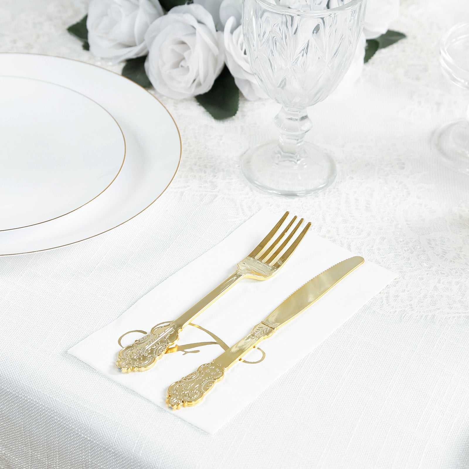 100 Paper Dinner Napkins White with Gold Foil Monogram "F" – 8"x4" Folded, Disposable Party Napkins