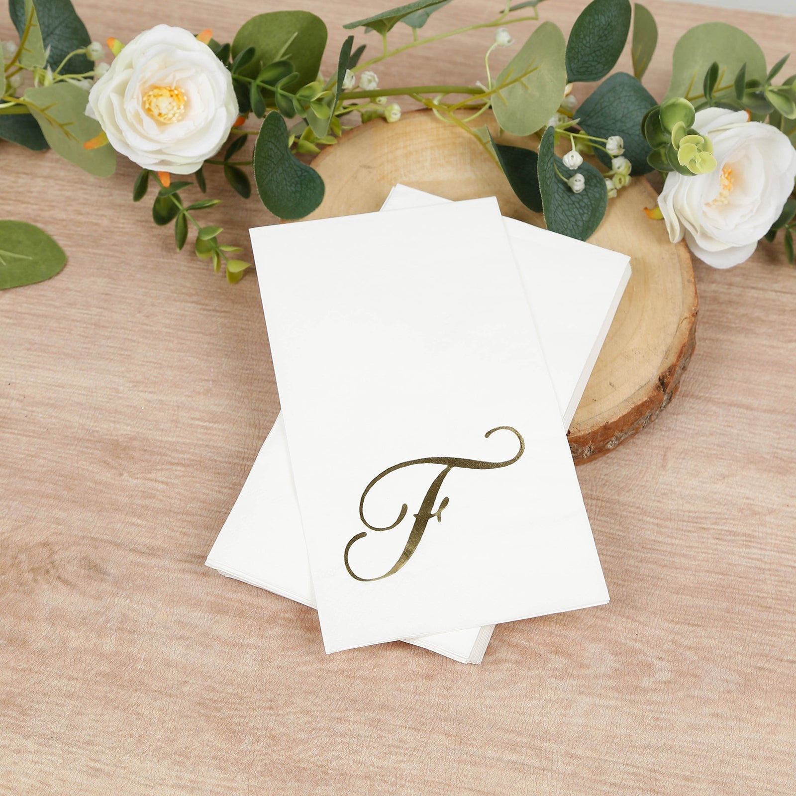 100 Paper Dinner Napkins White with Gold Foil Monogram "F" – 8"x4" Folded, Disposable Party Napkins