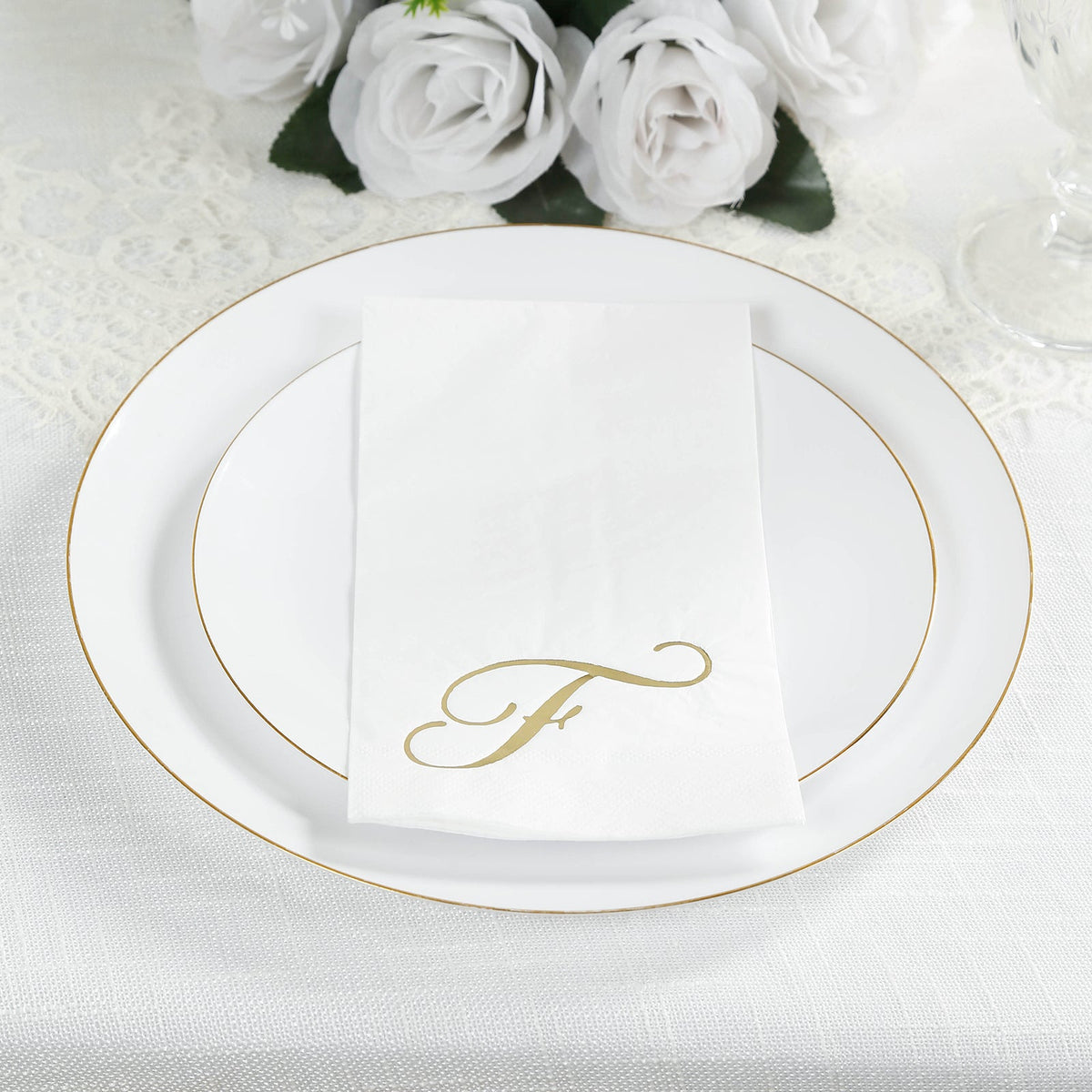 100 Paper Dinner Napkins White with Gold Foil Monogram "F" – 8"x4" Folded, Disposable Party Napkins