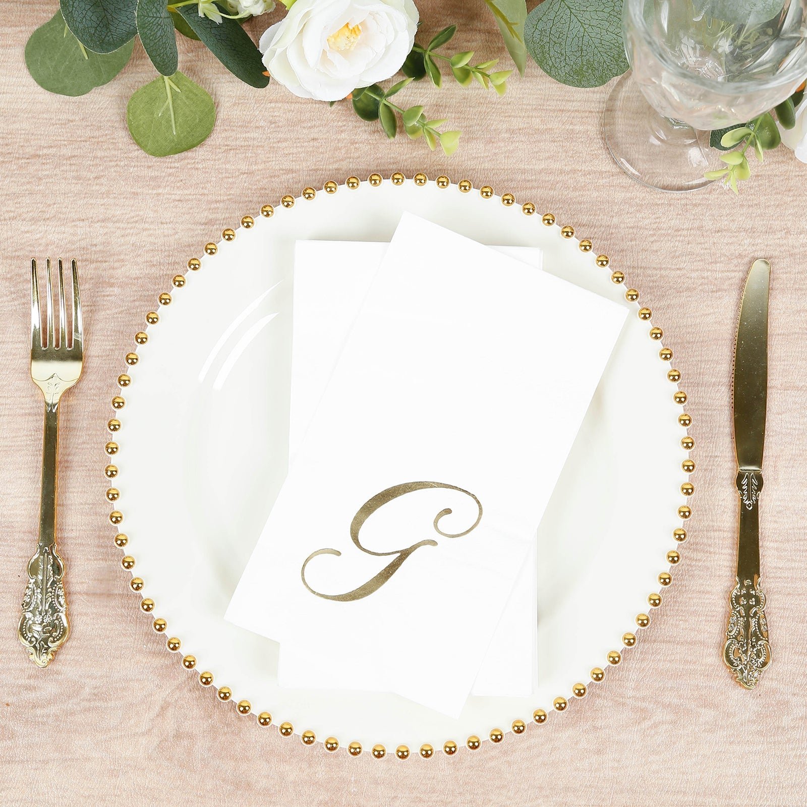 100 Paper Dinner Napkins White with Gold Foil Monogram "G" – 8"x4" Folded, Disposable Party Napkins
