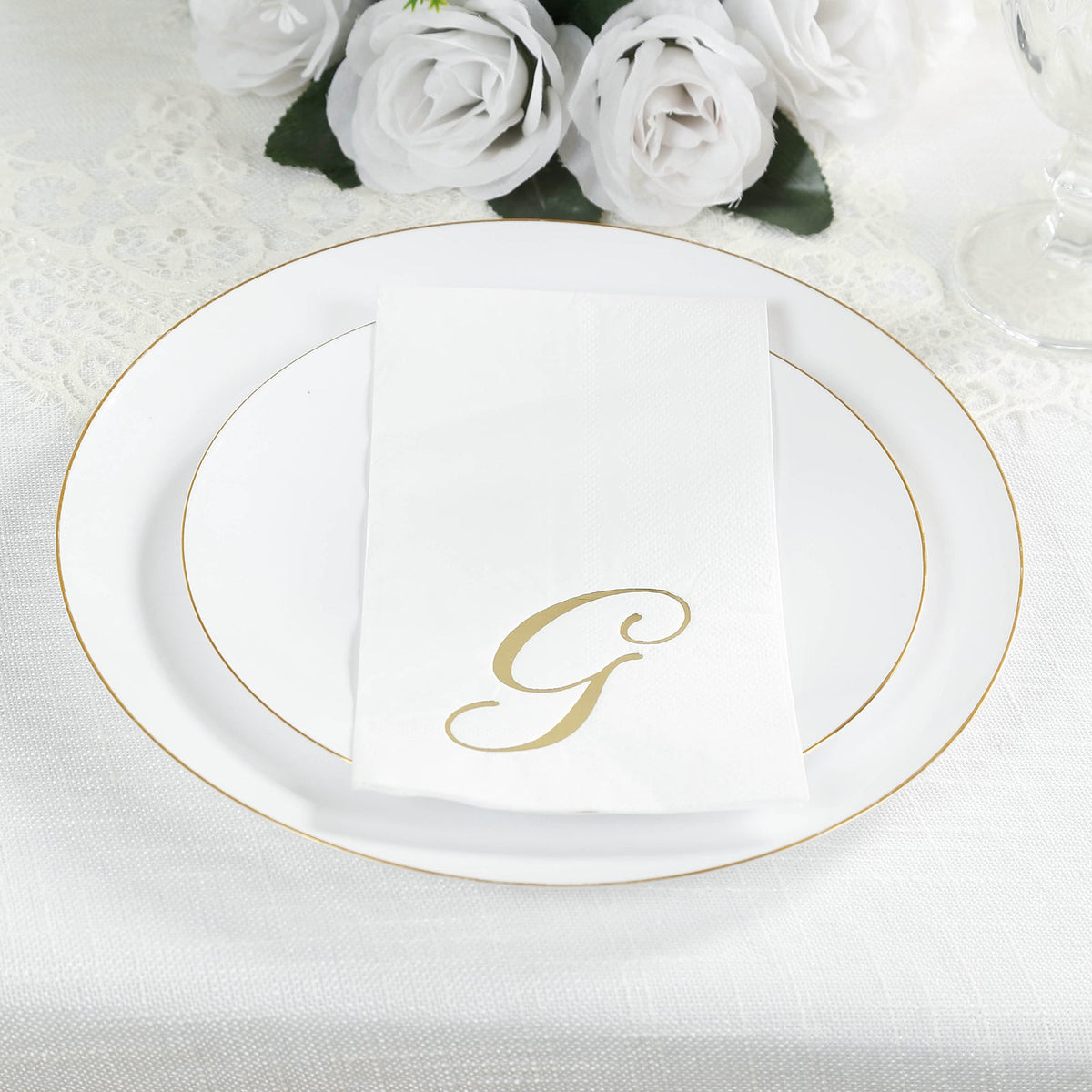 100 Paper Dinner Napkins White with Gold Foil Monogram "G" – 8"x4" Folded, Disposable Party Napkins