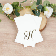 100 Paper Dinner Napkins White with Gold Foil Monogram "H" – 8"x4" Folded, Disposable Party Napkins