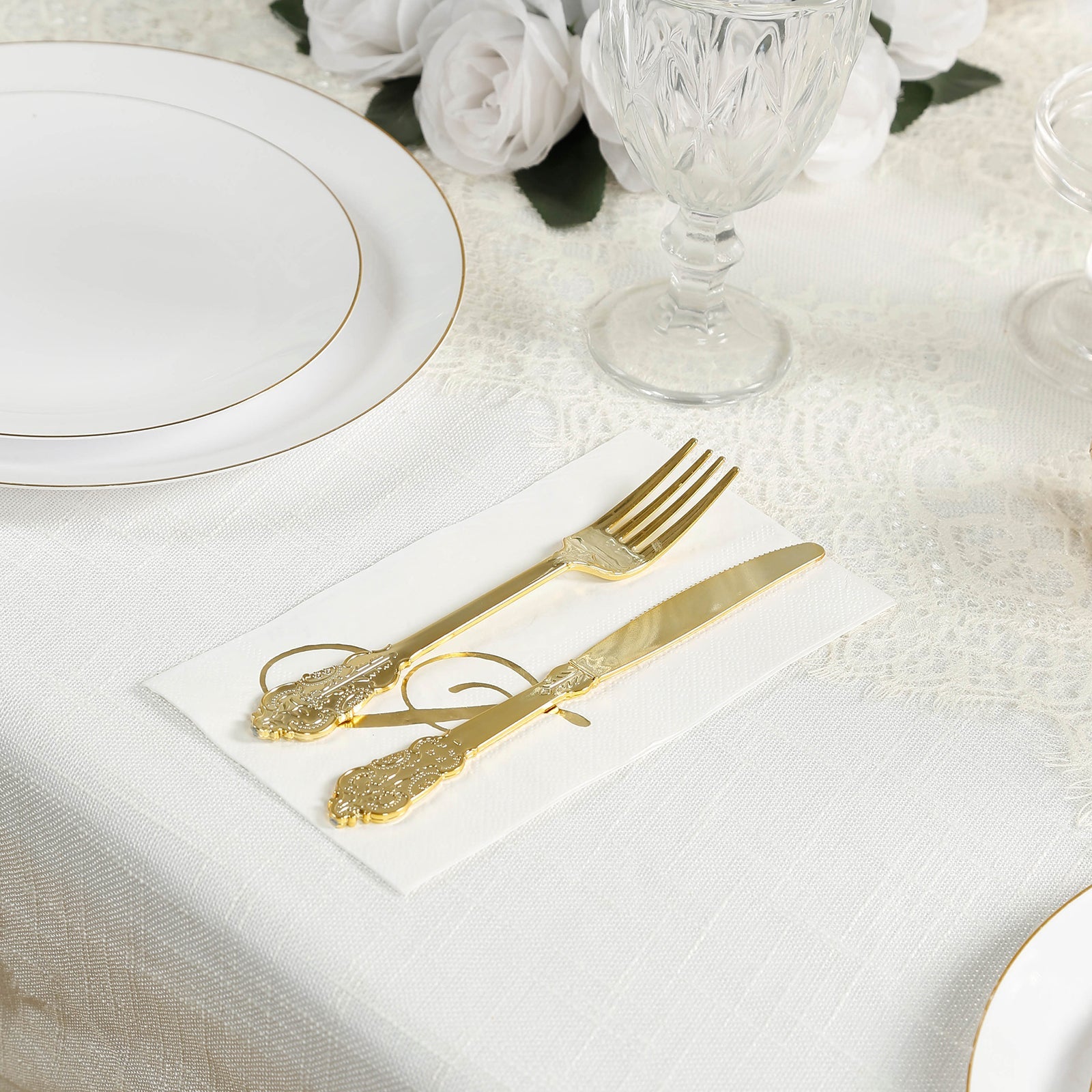 100 Paper Dinner Napkins White with Gold Foil Monogram "J" – 8"x4" Folded, Disposable Party Napkins