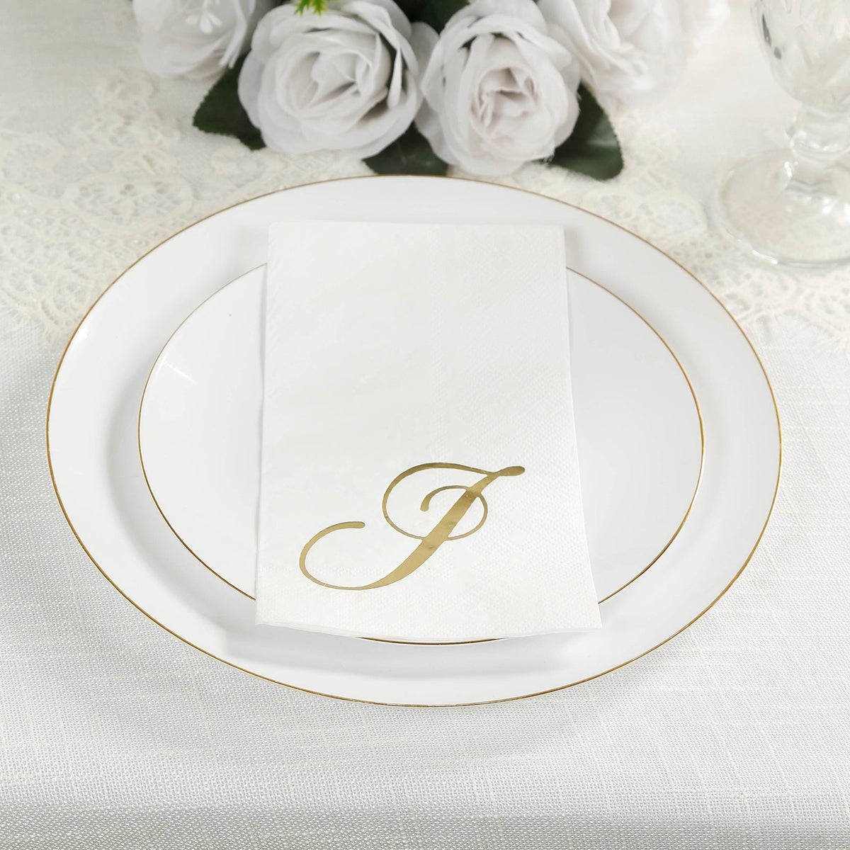 100 Paper Dinner Napkins White with Gold Foil Monogram "J" – 8"x4" Folded, Disposable Party Napkins