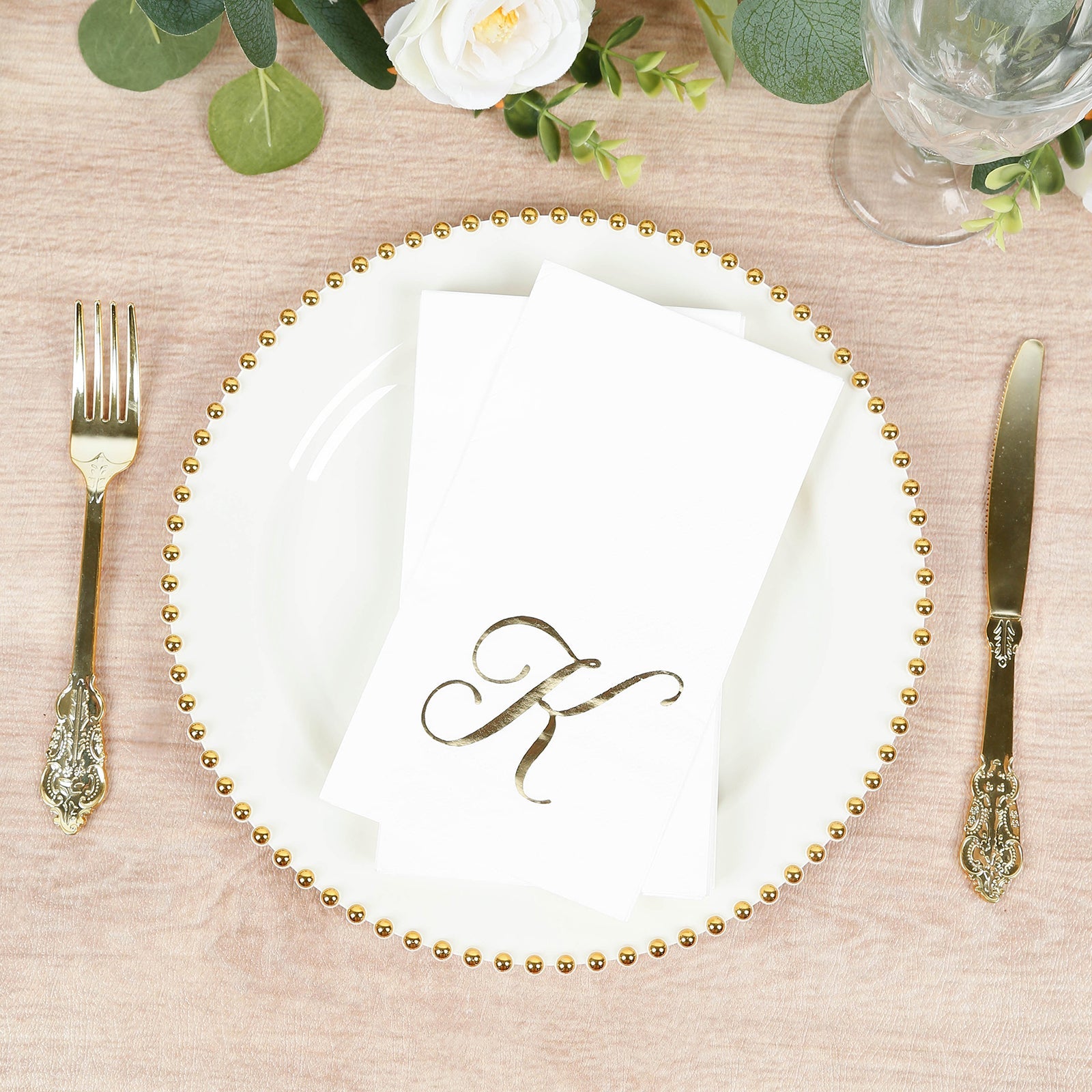 100 Paper Dinner Napkins White with Gold Foil Monogram "K" – 8"x4" Folded, Disposable Party Napkins