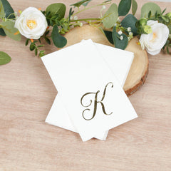 100 Paper Dinner Napkins White with Gold Foil Monogram "K" – 8"x4" Folded, Disposable Party Napkins