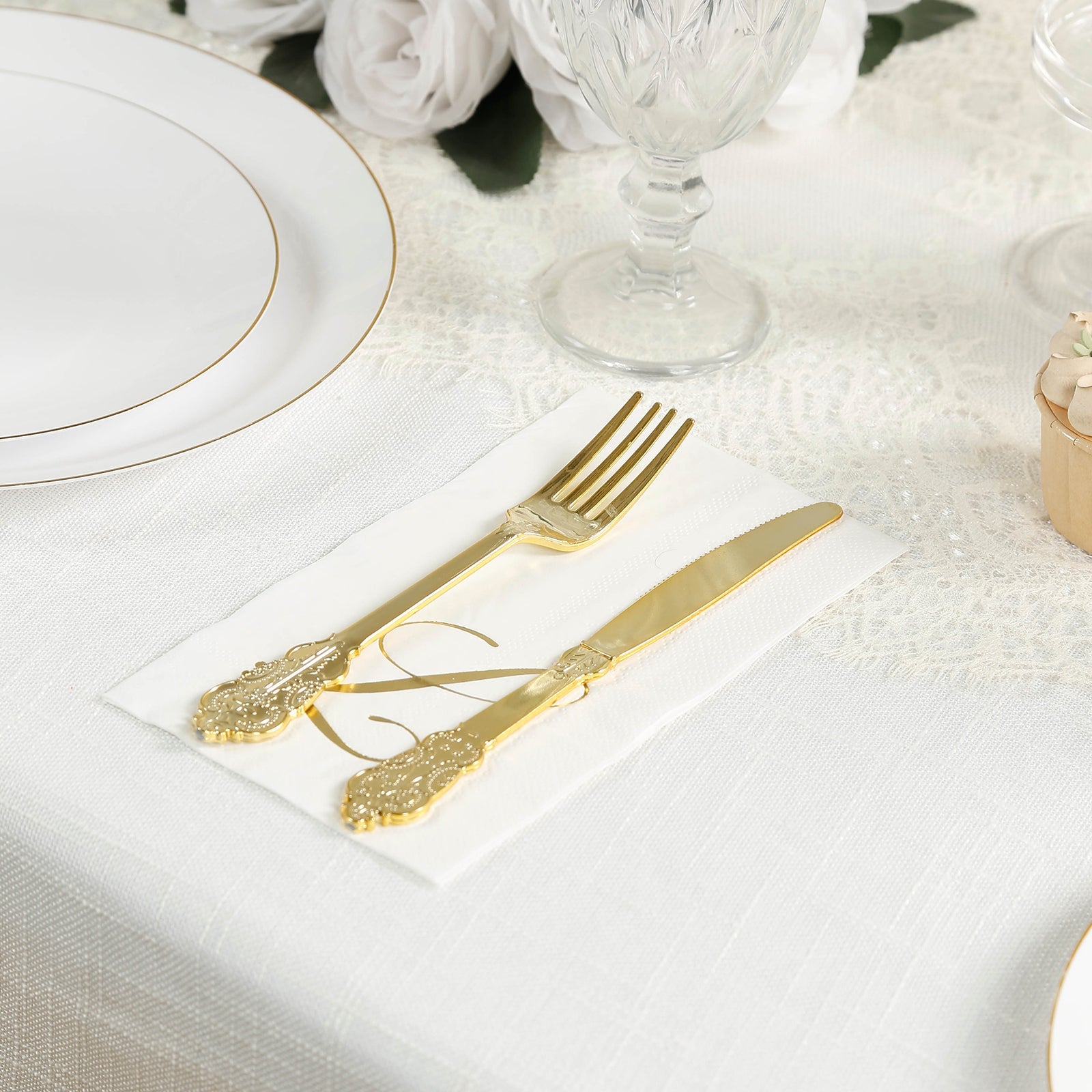 100 Paper Dinner Napkins White with Gold Foil Monogram "L" – 8"x4" Folded, Disposable Party Napkins