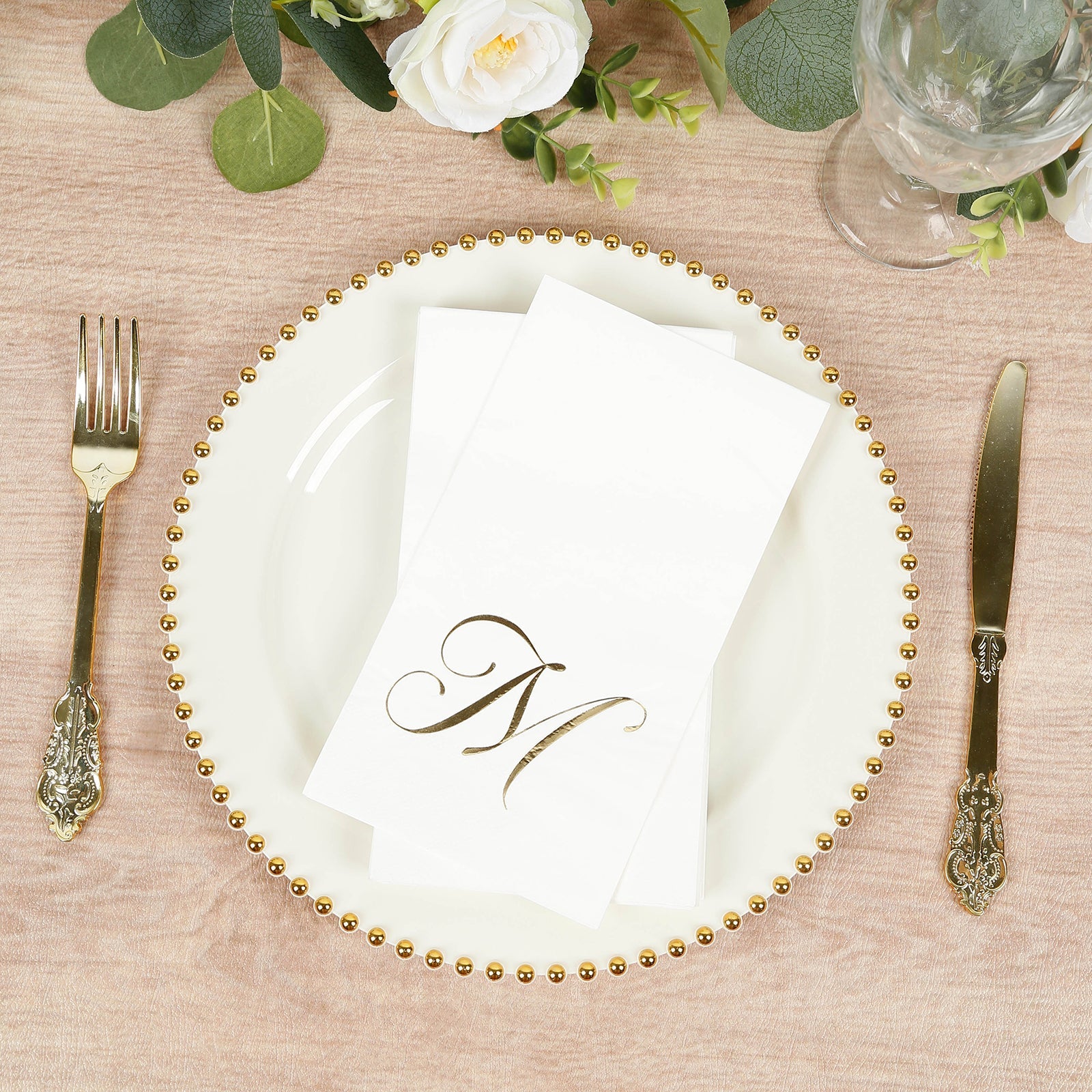 100 Paper Dinner Napkins White with Gold Foil Monogram "M" – 8"x4" Folded, Disposable Party Napkins