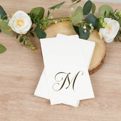 100 Paper Dinner Napkins White with Gold Foil Monogram "M" – 8"x4" Folded, Disposable Party Napkins