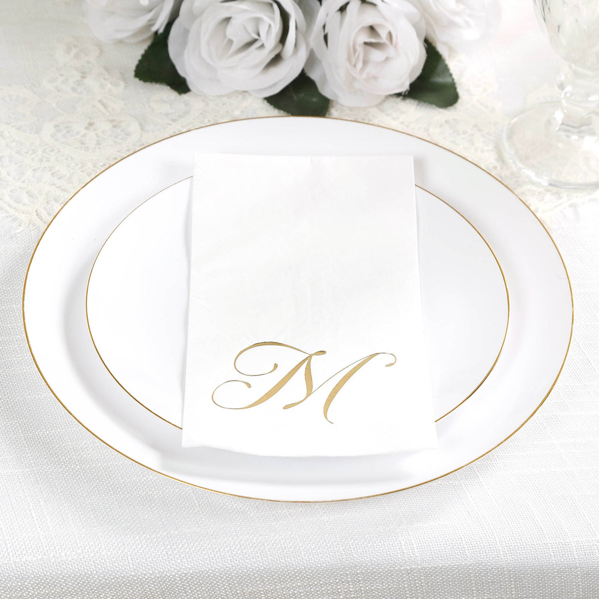 100 Paper Dinner Napkins White with Gold Foil Monogram "M" – 8"x4" Folded, Disposable Party Napkins
