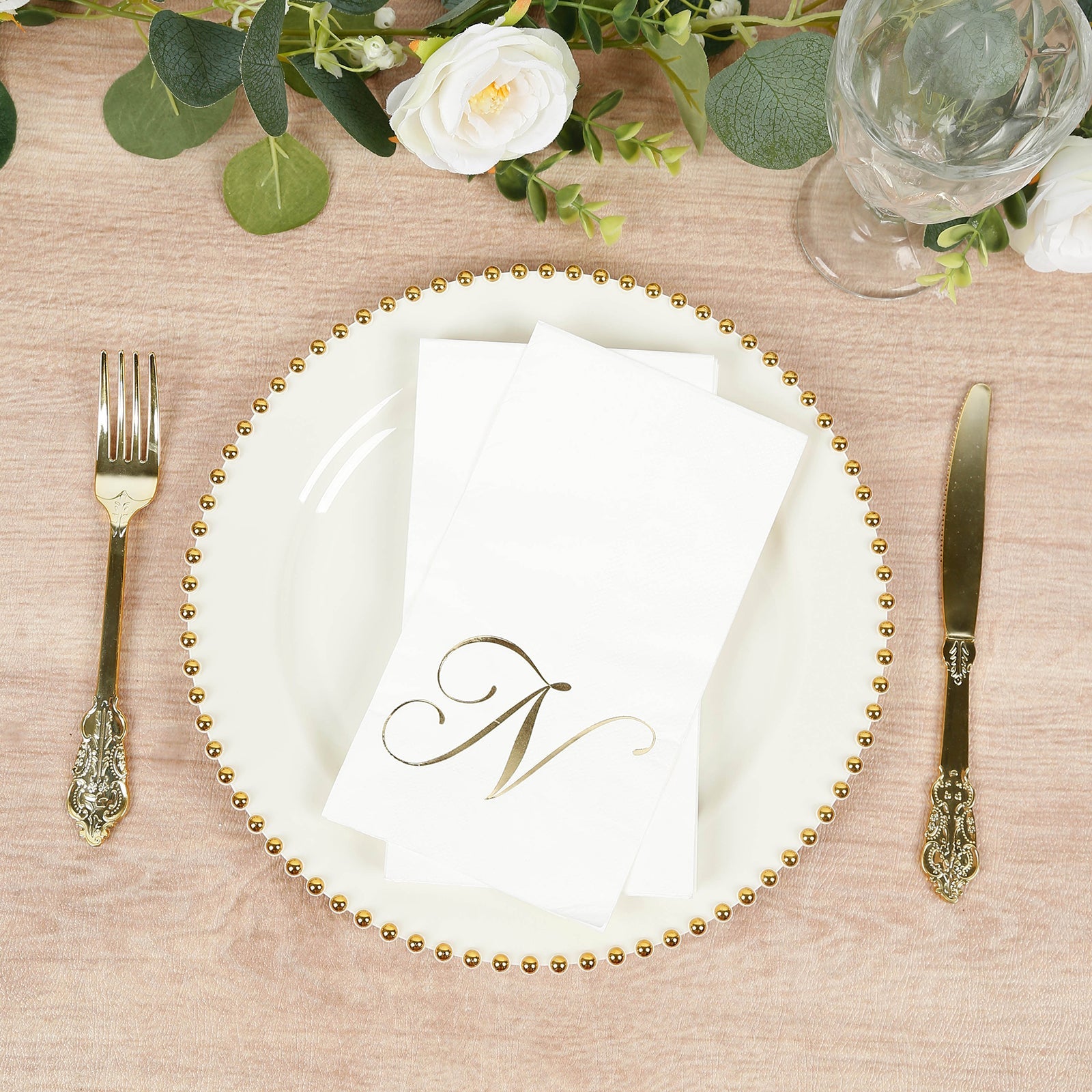 100 Paper Dinner Napkins White with Gold Foil Monogram "N" – 8"x4" Folded, Disposable Party Napkins