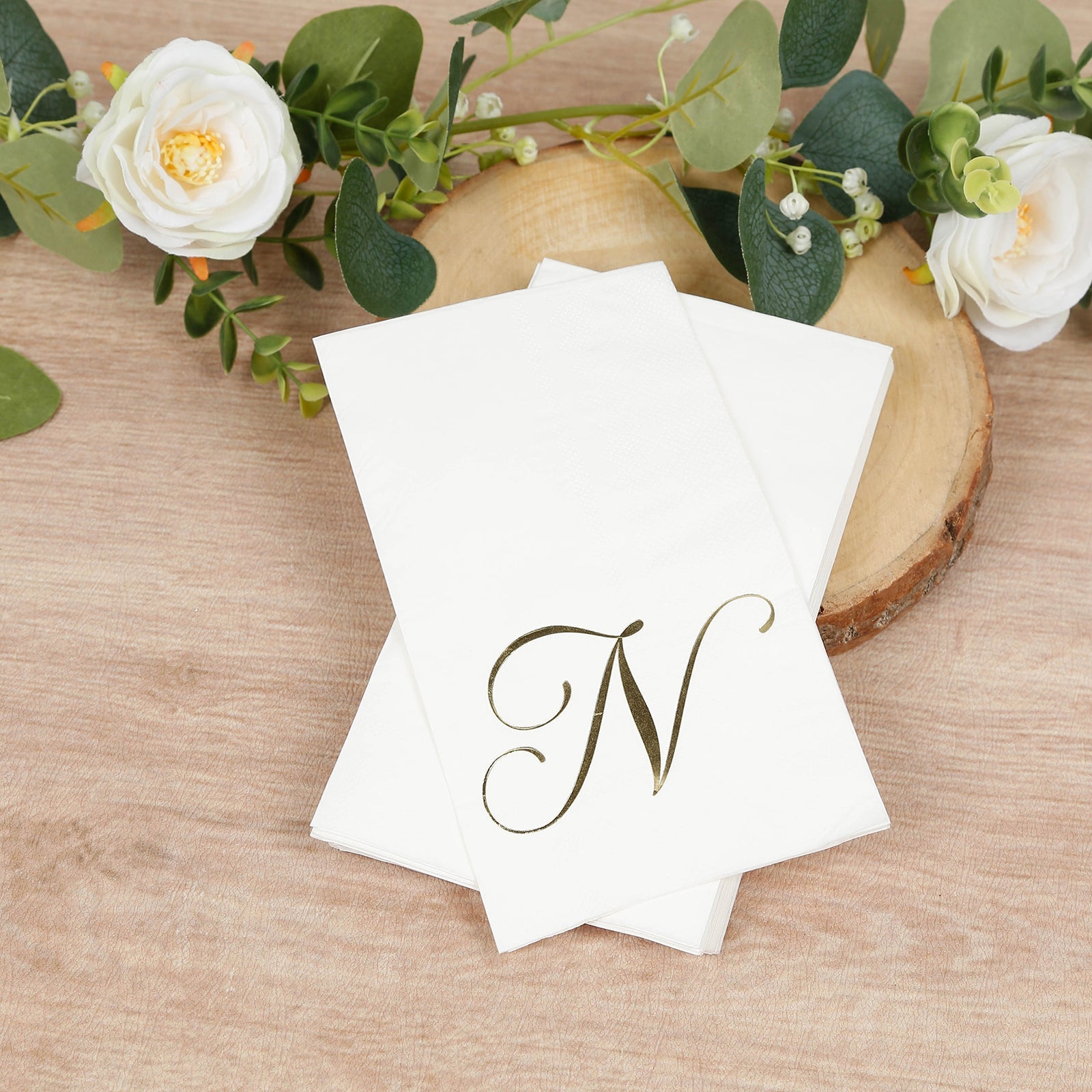 100 Paper Dinner Napkins White with Gold Foil Monogram "N" – 8"x4" Folded, Disposable Party Napkins