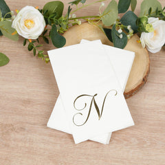 100 Paper Dinner Napkins White with Gold Foil Monogram "N" – 8"x4" Folded, Disposable Party Napkins
