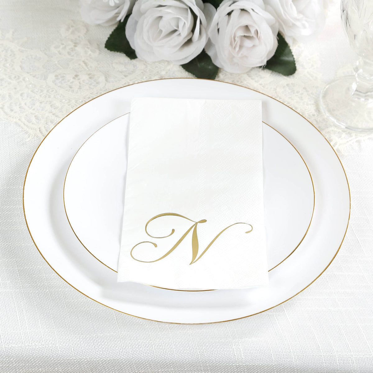 100 Paper Dinner Napkins White with Gold Foil Monogram "N" – 8"x4" Folded, Disposable Party Napkins