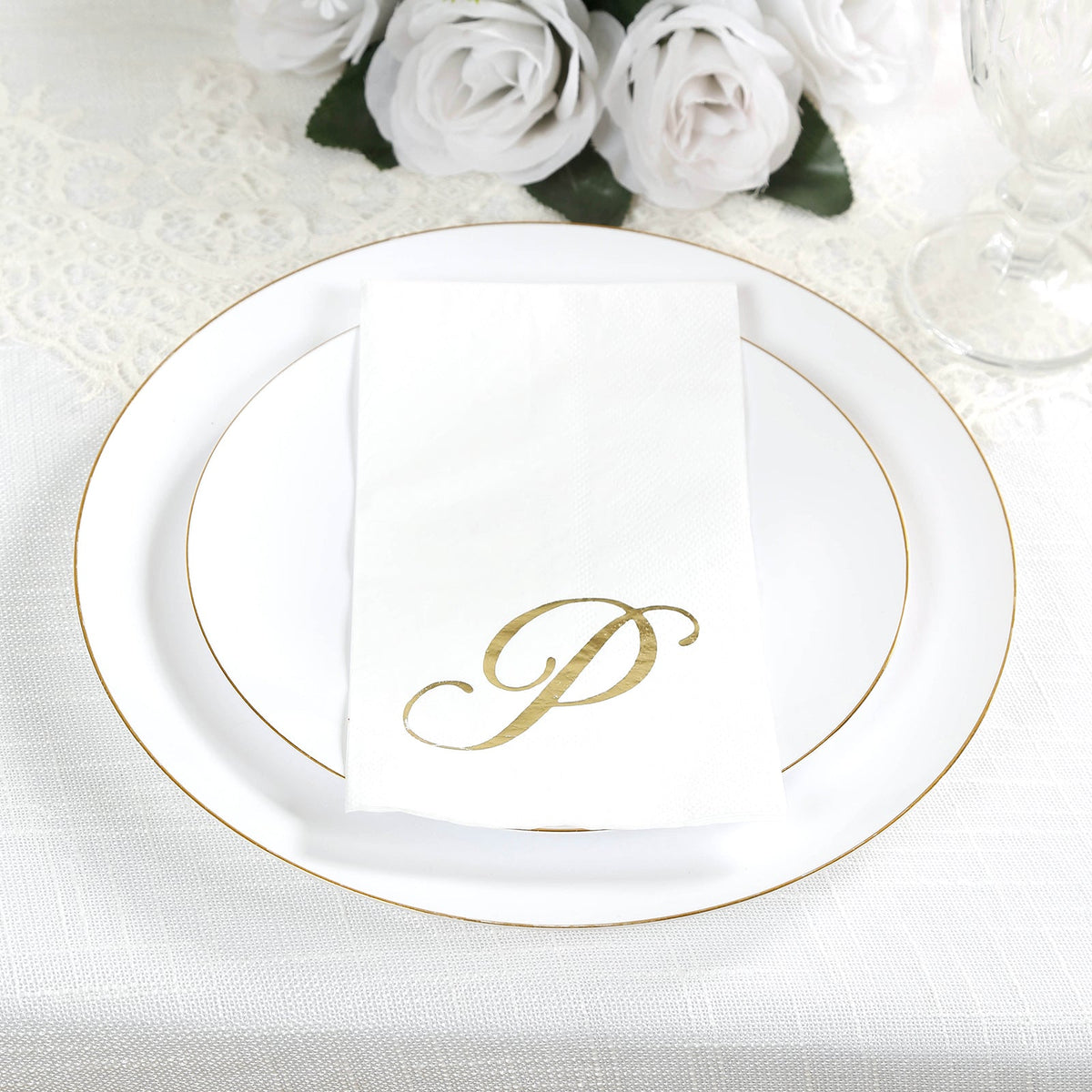 100 Paper Dinner Napkins White with Gold Foil Monogram "P" – 8"x4" Folded, Disposable Party Napkins