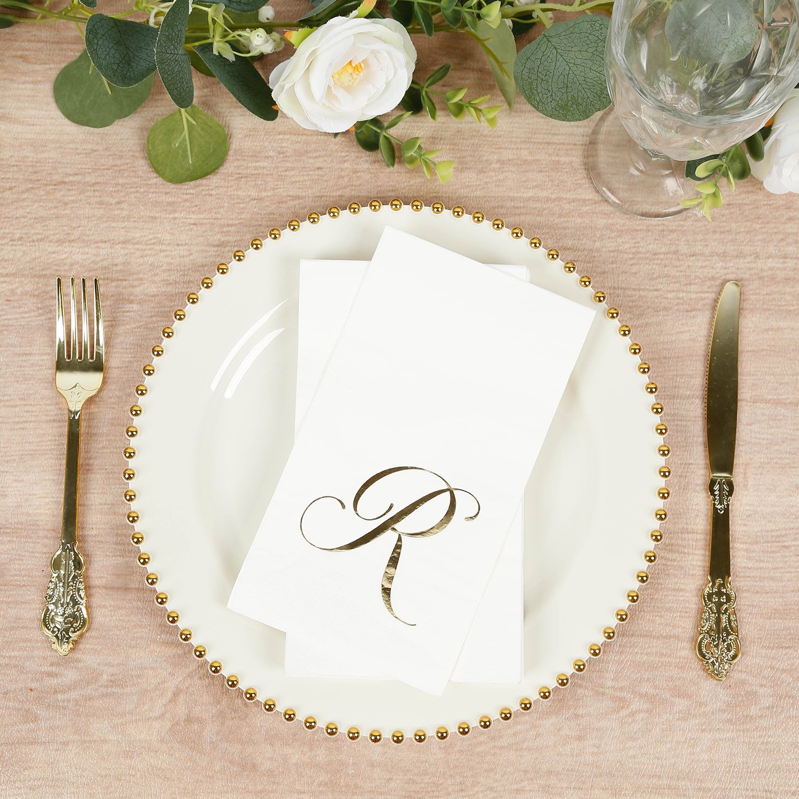 100 Paper Dinner Napkins White with Gold Foil Monogram "R" – 8"x4" Folded, Disposable Party Napkins