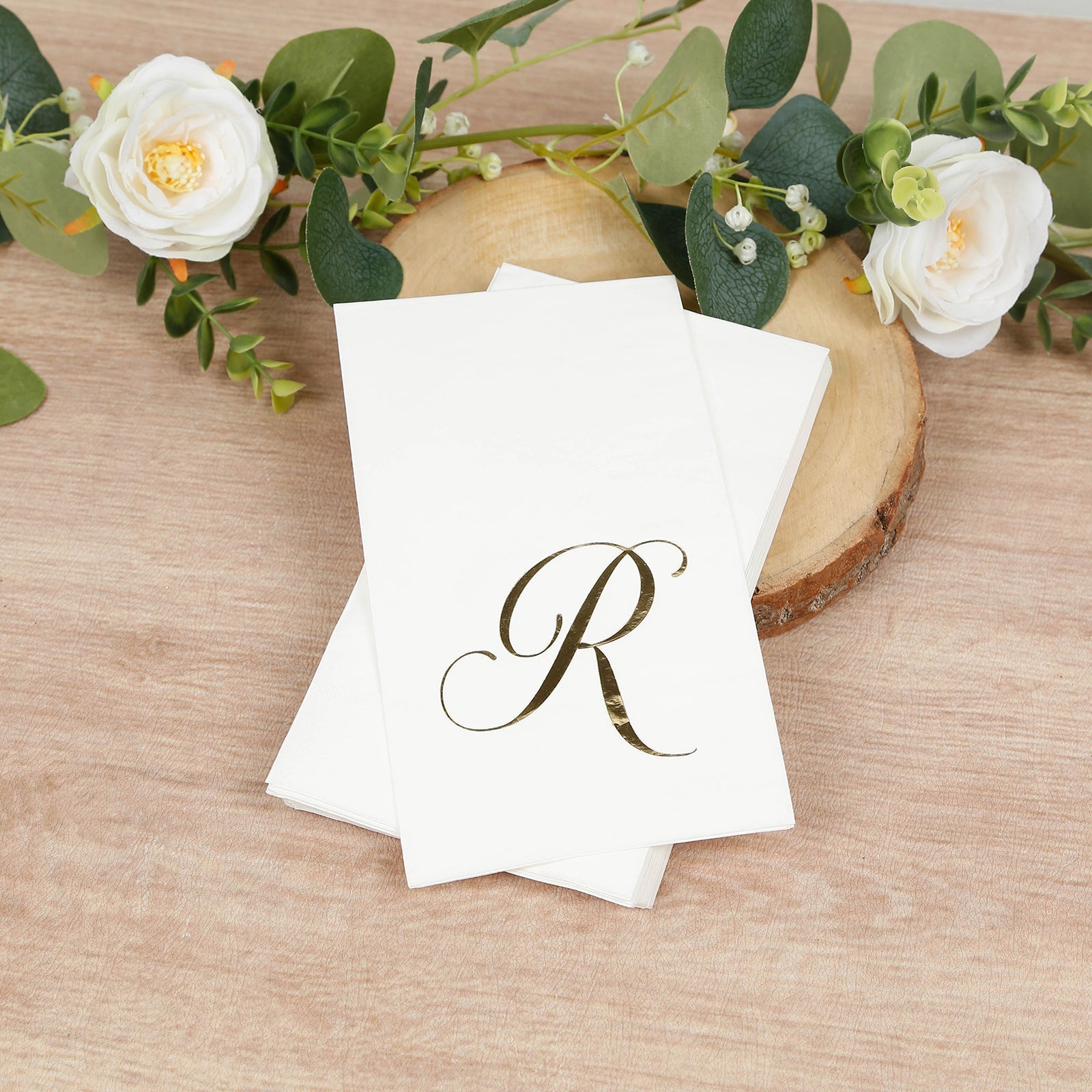 100 Paper Dinner Napkins White with Gold Foil Monogram "R" – 8"x4" Folded, Disposable Party Napkins