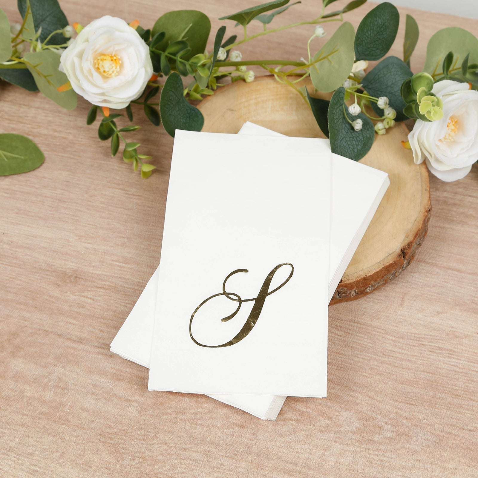 100 Paper Dinner Napkins White with Gold Foil Monogram "S" – 8"x4" Folded, Disposable Party Napkins