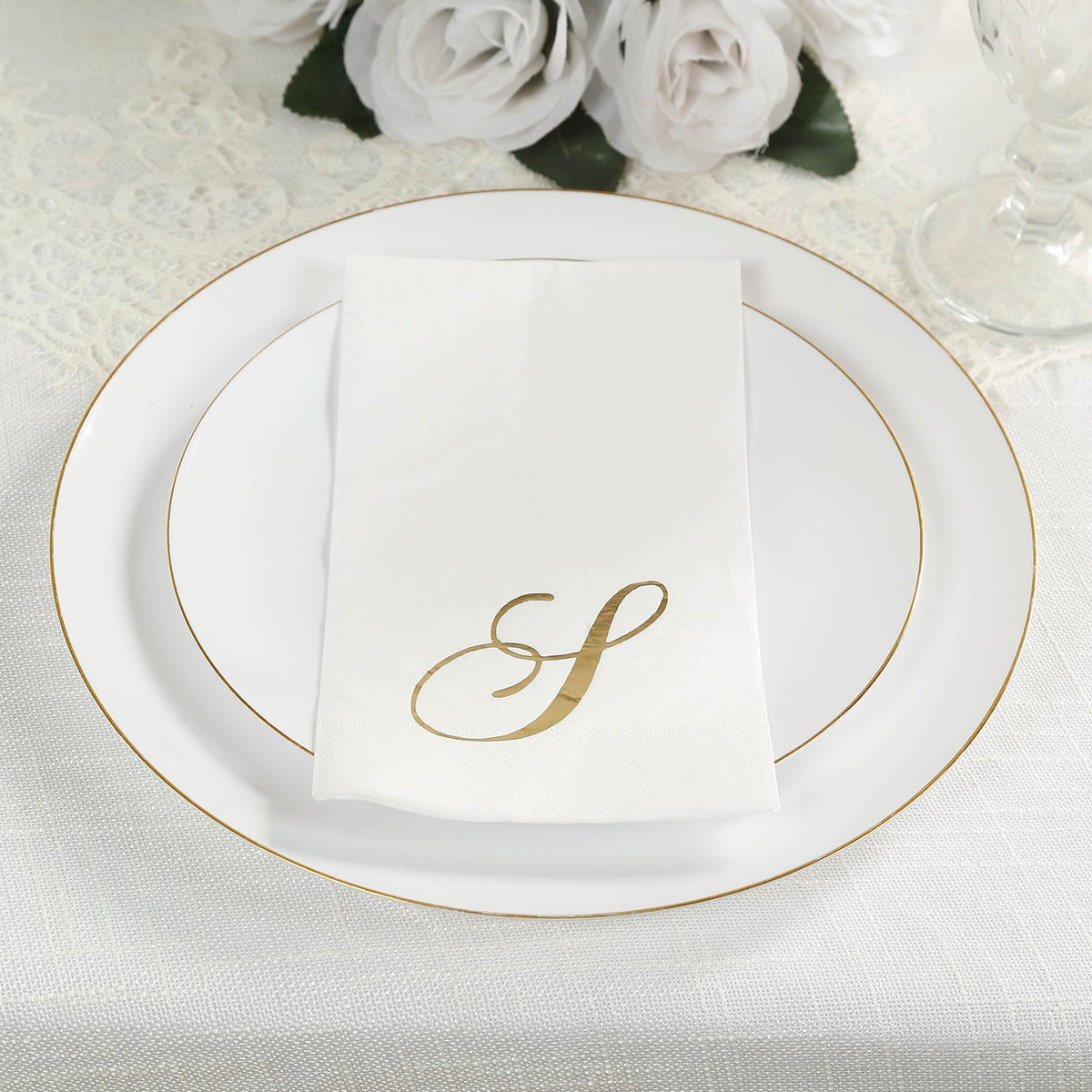 100 Paper Dinner Napkins White with Gold Foil Monogram "S" – 8"x4" Folded, Disposable Party Napkins