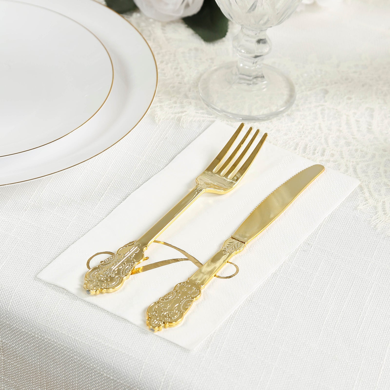100 Paper Dinner Napkins White with Gold Foil Monogram "T" – 8"x4" Folded, Disposable Party Napkins