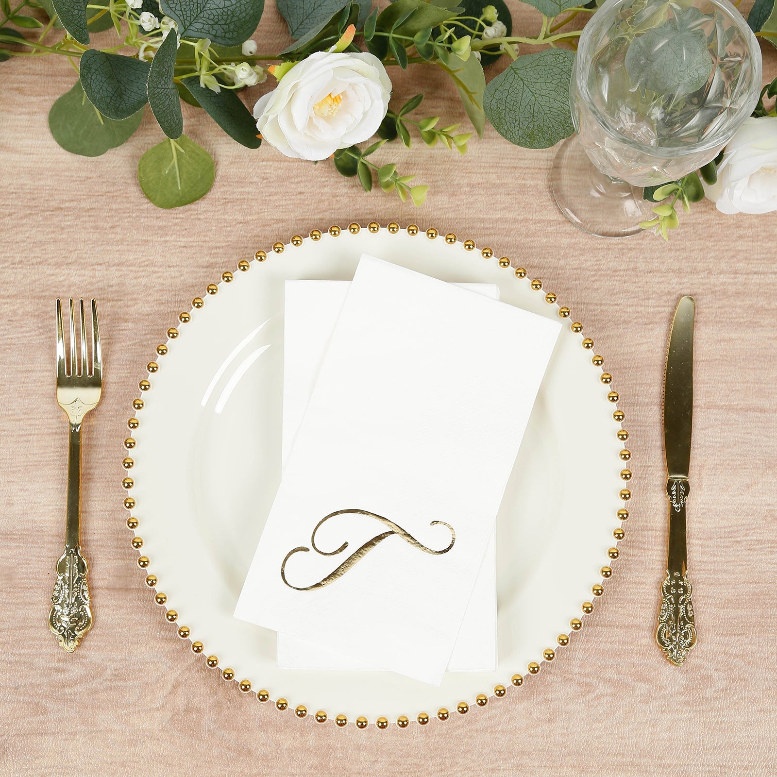 100 Paper Dinner Napkins White with Gold Foil Monogram "T" – 8"x4" Folded, Disposable Party Napkins