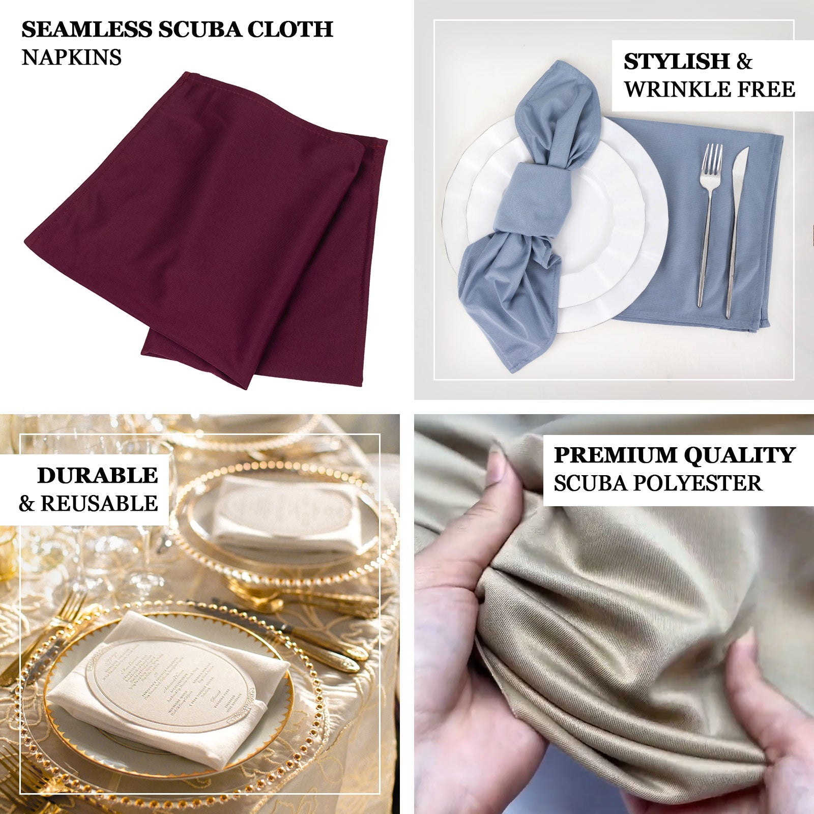 5 Pack Burgundy Scuba Napkins – 17"x17", Wrinkle-Free & Stain Resistant Cloth Napkins
