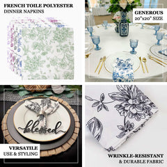 5 Pack Polyester 20"x20" Dinner Napkins White with Blue French Toile Pattern - Reusable Floral Cloth Napkins