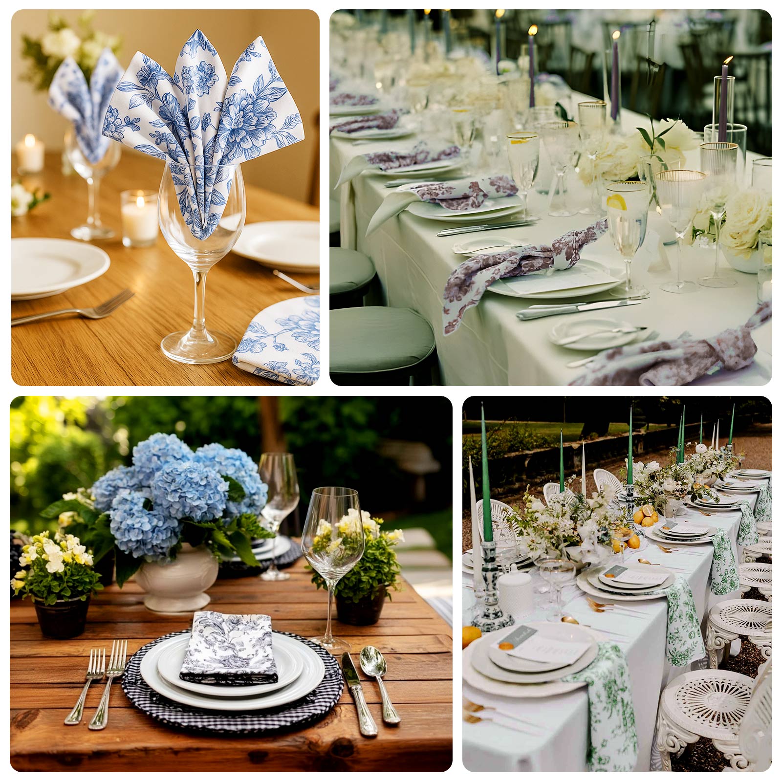 5 Pack Polyester 20"x20" Dinner Napkins White with Black French Toile Pattern - Reusable Floral Cloth Napkins