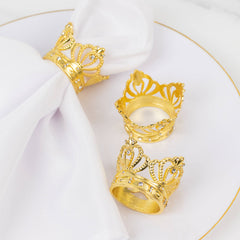 4 Pack Metallic Gold Crown Rhinestone Napkin Rings, Royal Bling Napkin Holders