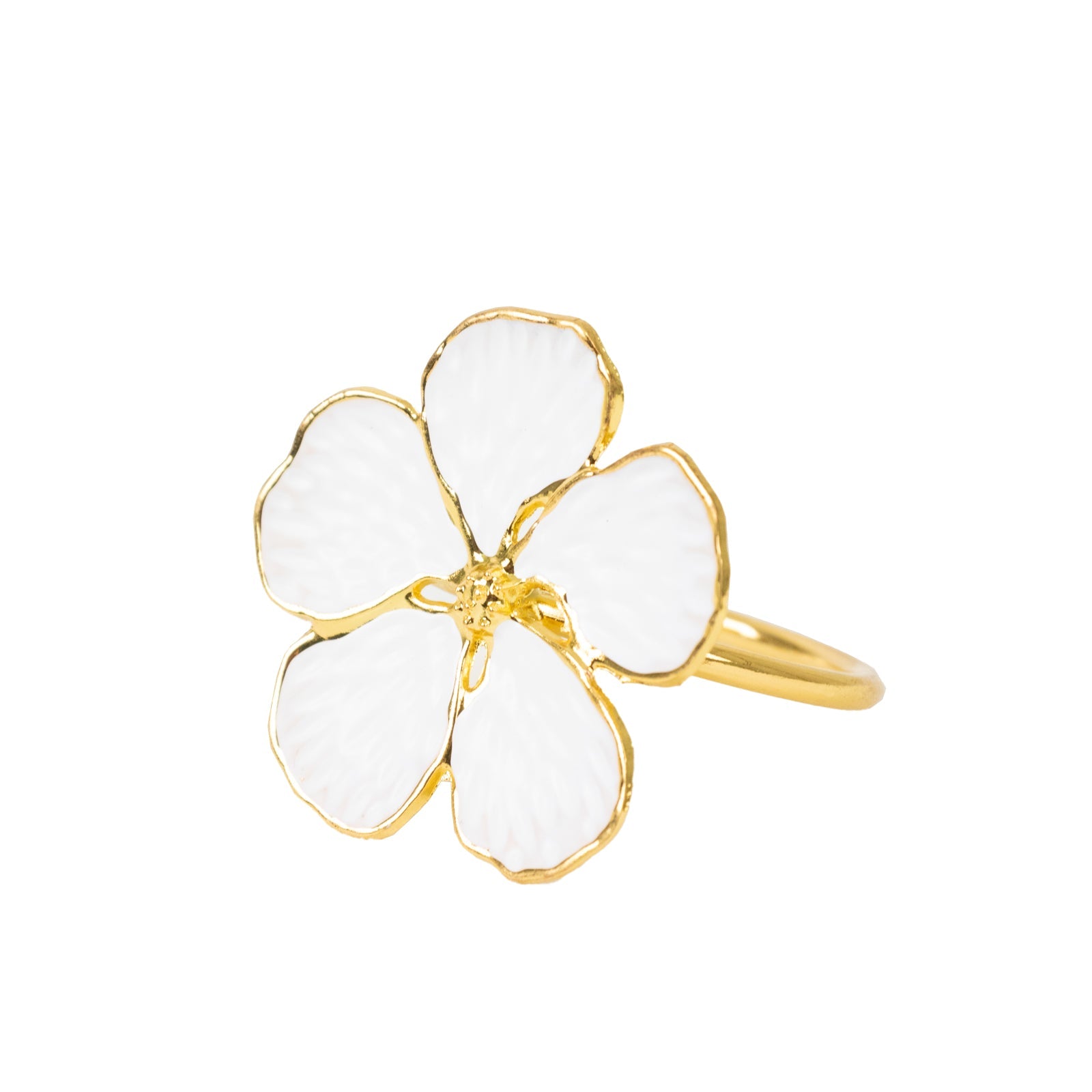 4 Pack White and Gold Metal Flower Napkin Rings, Floral Serviette Buckle Napkin Holder Set - Plum Blossom Design