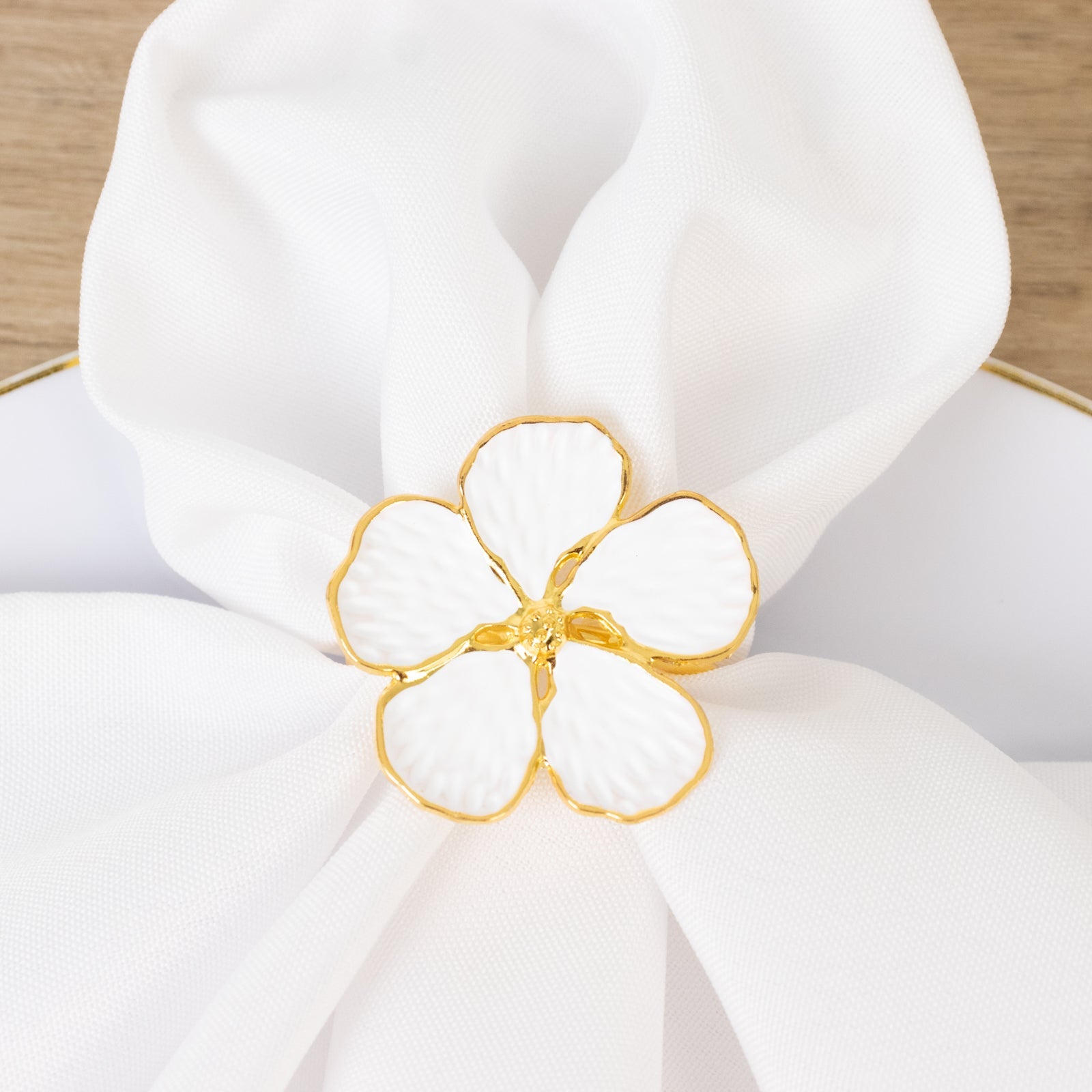 4 Pack White and Gold Metal Flower Napkin Rings, Floral Serviette Buckle Napkin Holder Set - Plum Blossom Design