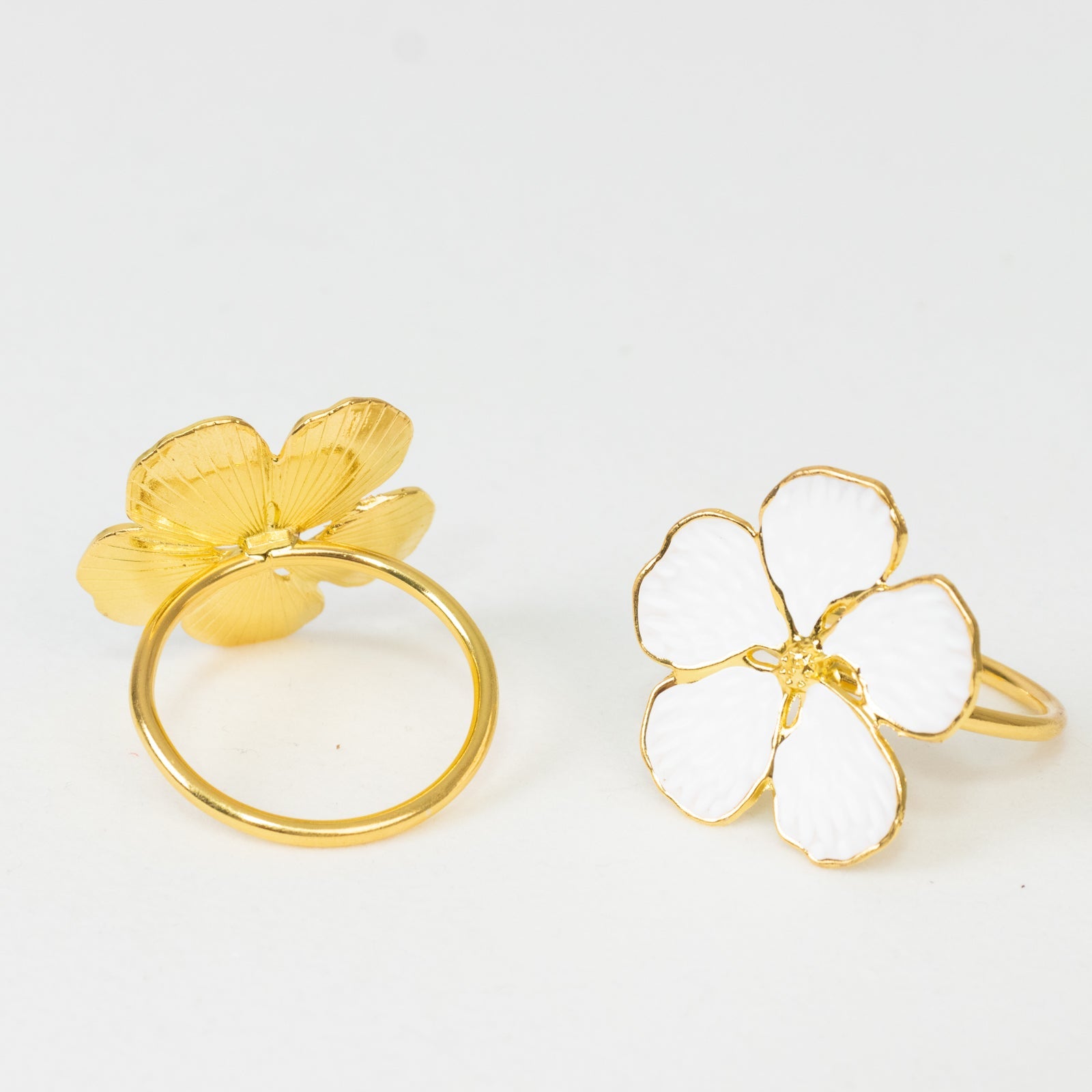 4 Pack White and Gold Metal Flower Napkin Rings, Floral Serviette Buckle Napkin Holder Set - Plum Blossom Design