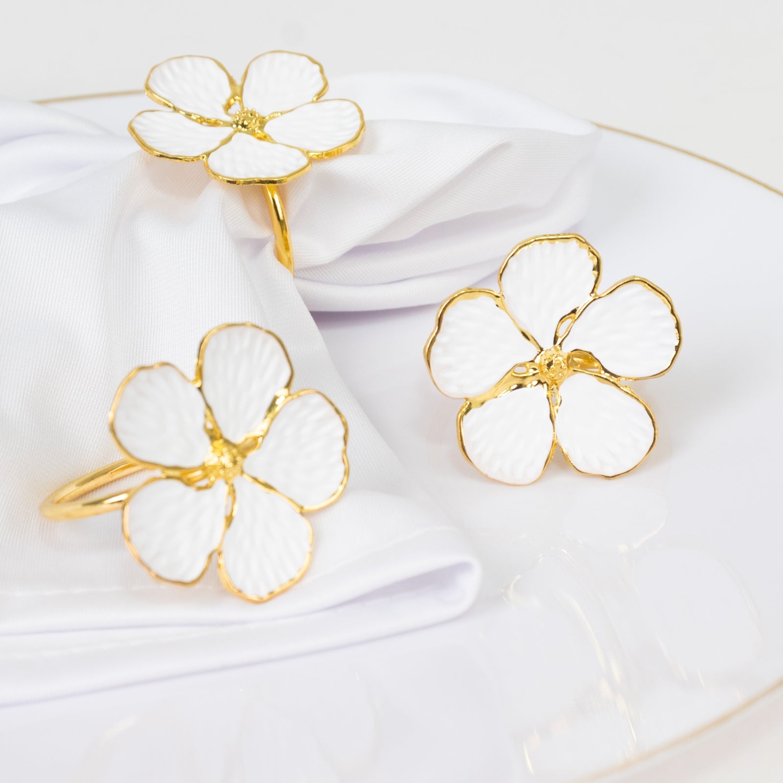 4 Pack White and Gold Metal Flower Napkin Rings, Floral Serviette Buckle Napkin Holder Set - Plum Blossom Design